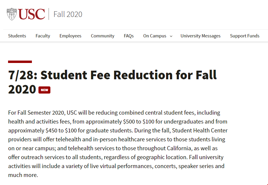 南加州大學宣布2020年秋季學生費用減免！