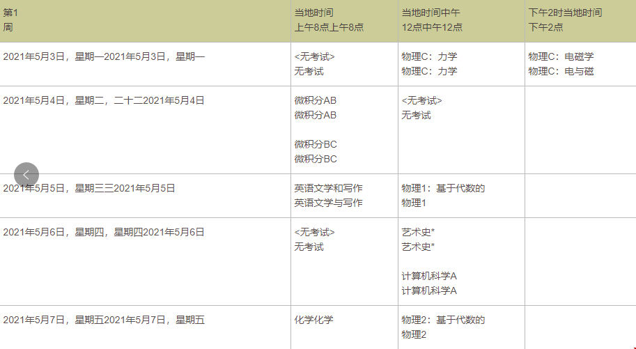 1.02021年AP中國(guó)常規(guī)考試時(shí)間表