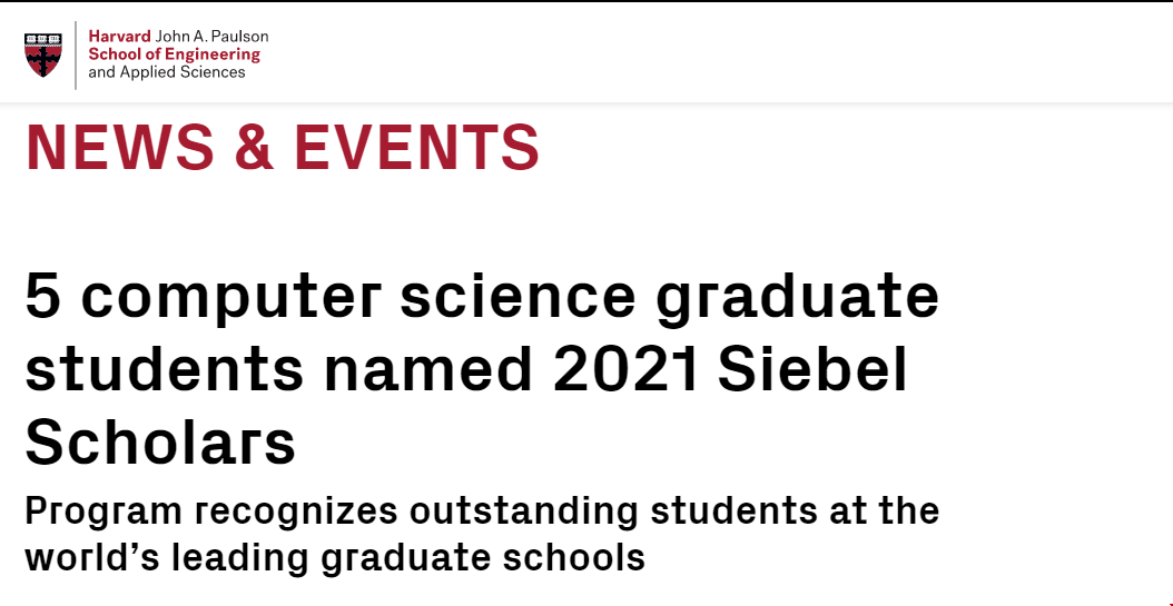 哈佛大學(xué)5名計算機(jī)研究生名列2021 Siebel Scholars