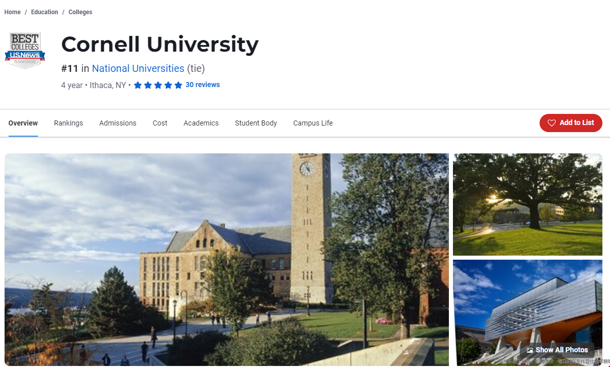 Cornell大學最新usnews排名第幾